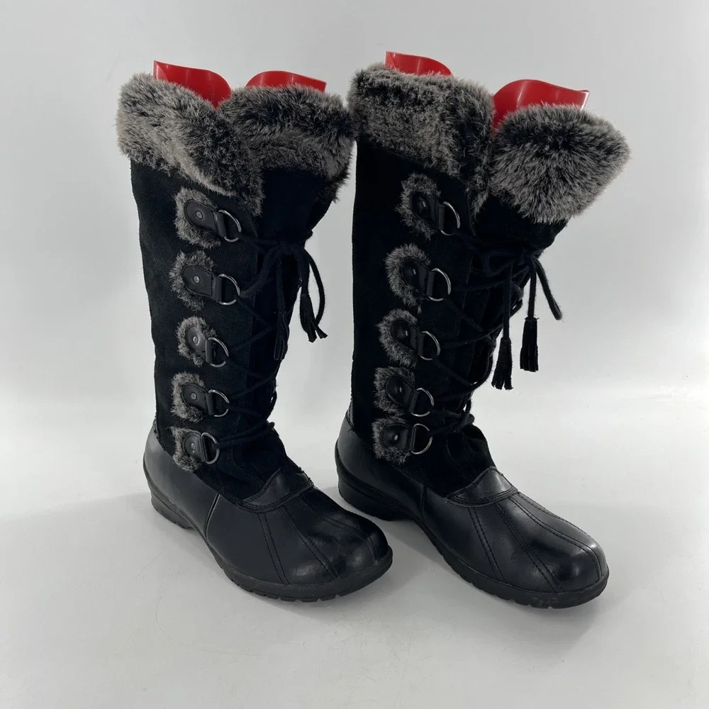 Vintage Nine West Knee High Womens 10 M Black Tall Mucker Duck Leather Suede Fur